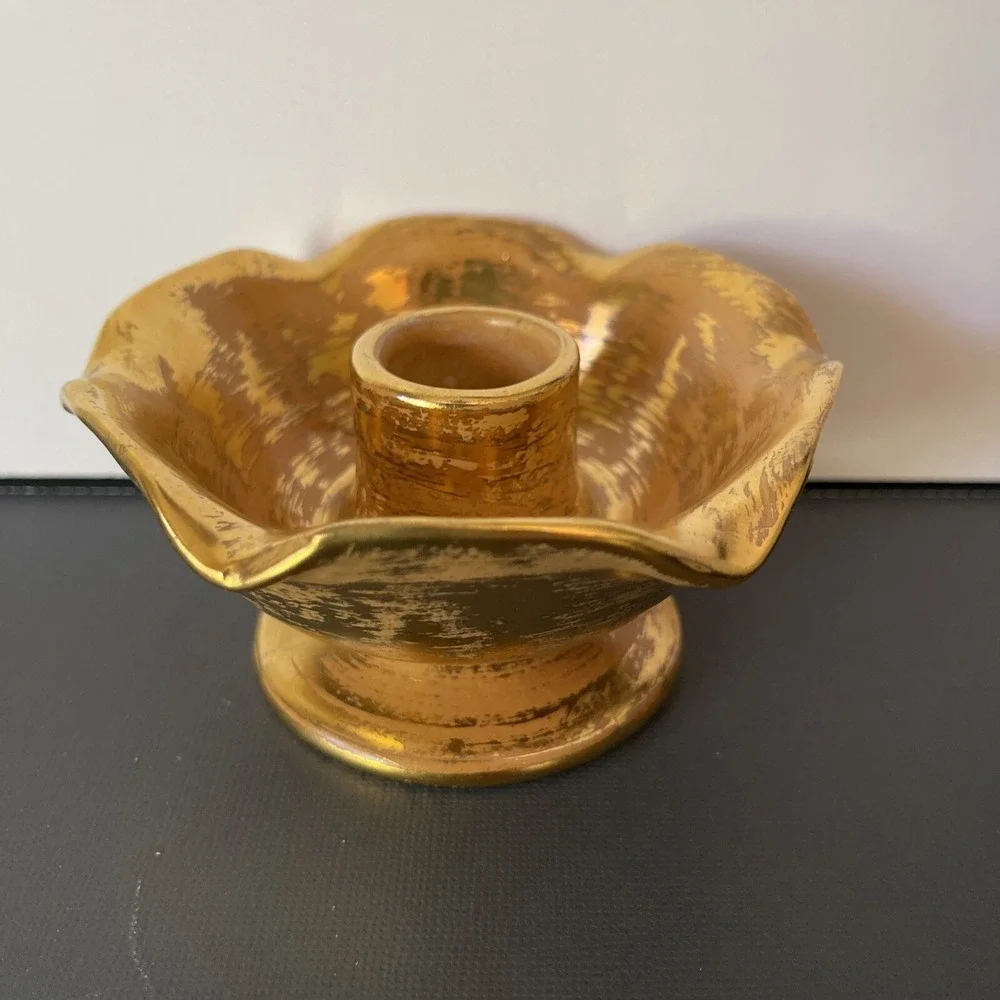 Vtg Stangel Art Pottery Candle Holder Candlestick Brush Gold Peach Coral Set 50s